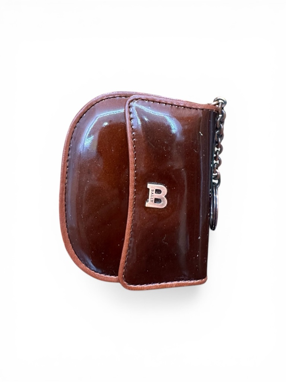 Vintage Bally Patent Leather Coin Pouch Key Ring Y2K Brown